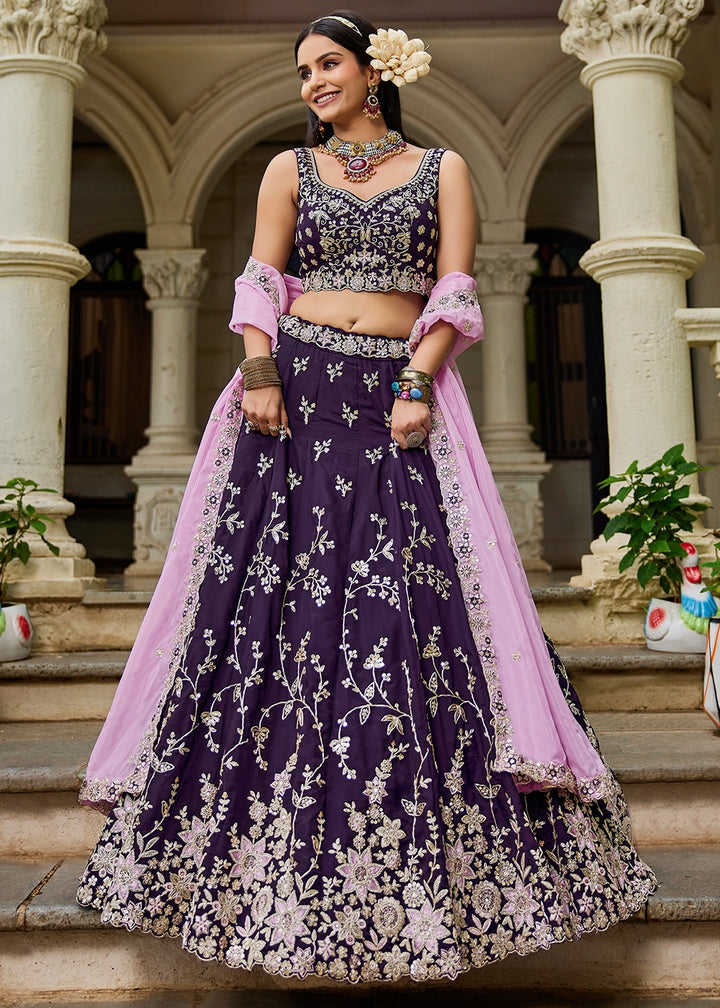Indigo Purple Lehenga Choli in Organza with Floral & Sequin Embroidery