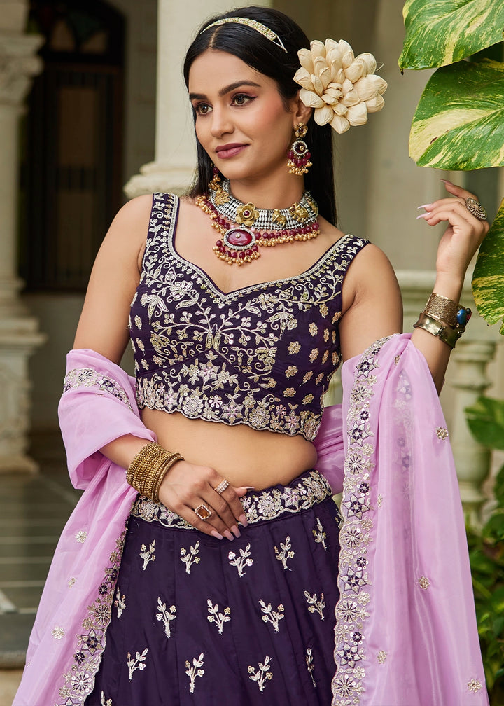 Indigo Purple Lehenga Choli in Organza with Floral & Sequin Embroidery