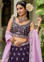Indigo Purple Lehenga Choli in Organza with Floral & Sequin Embroidery