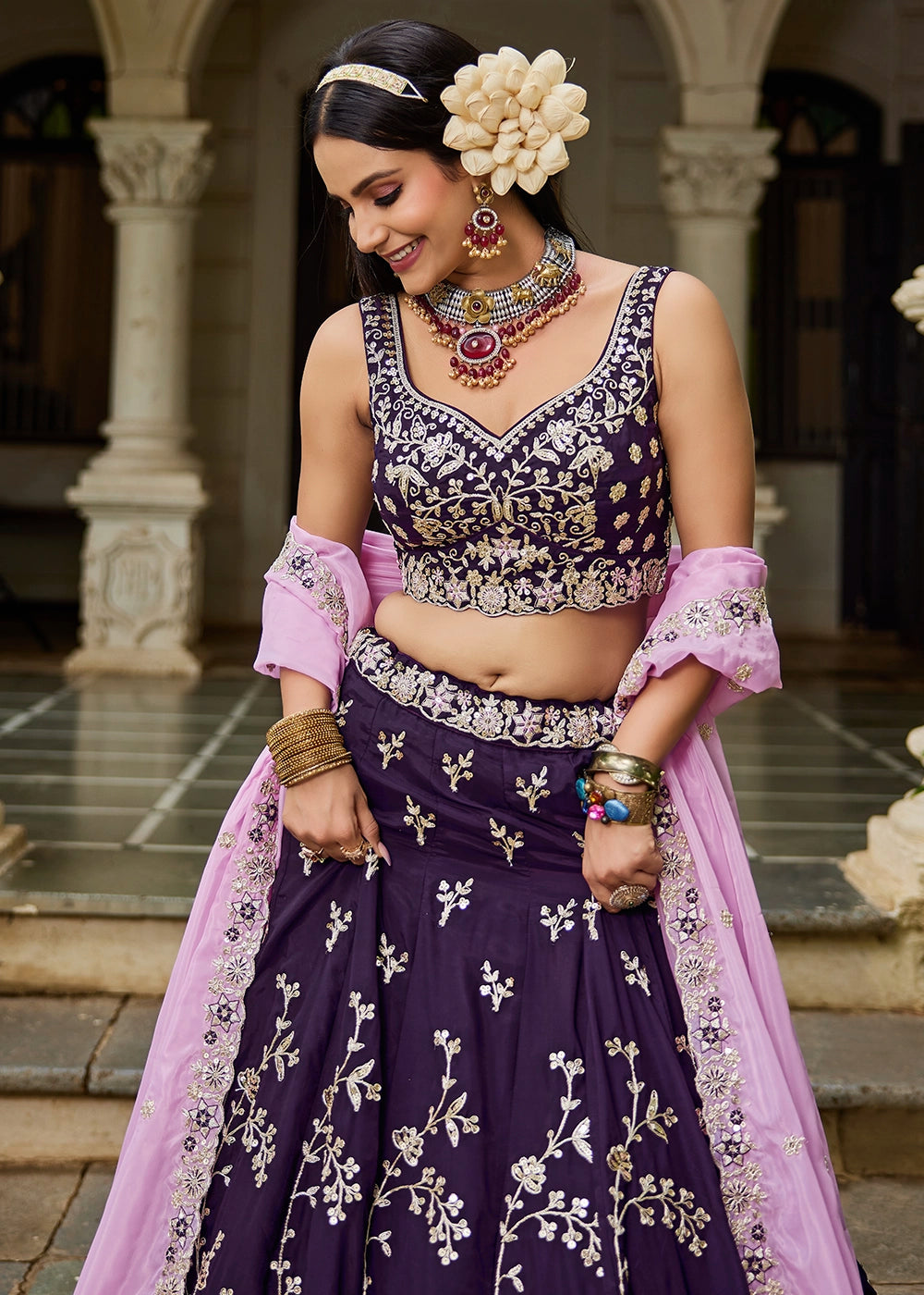Indigo Purple Lehenga Choli in Organza with Floral & Sequin Embroidery