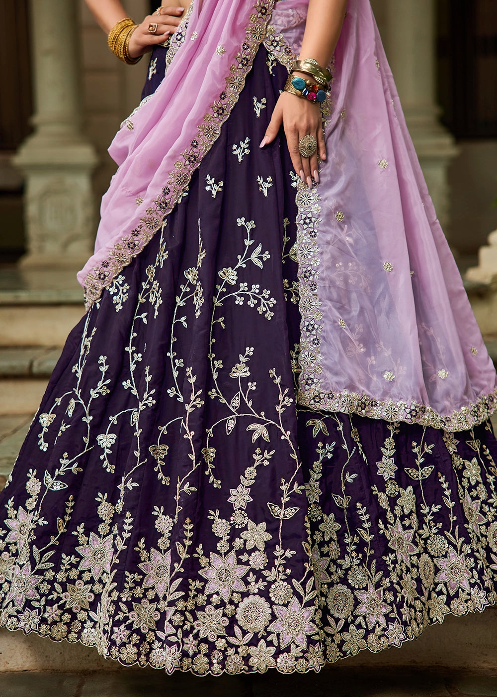 Indigo Purple Lehenga Choli in Organza with Floral & Sequin Embroidery