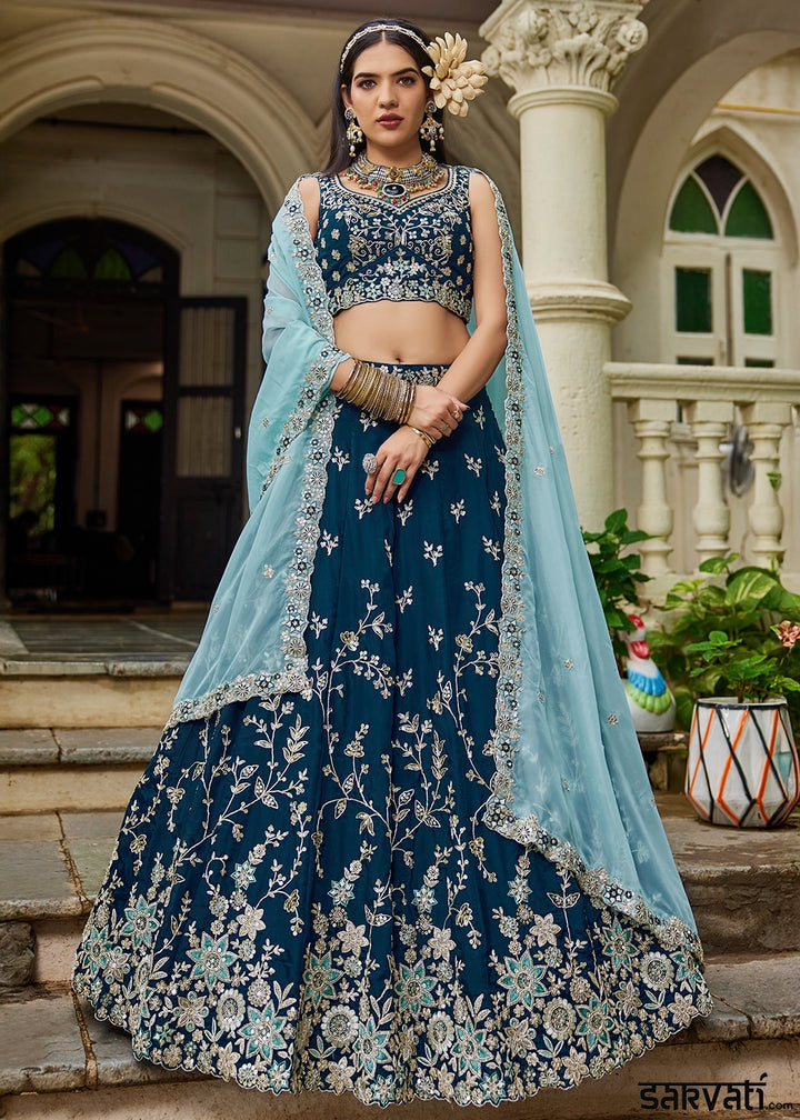 Imperial Blue Lehenga Choli in Organza with Floral & Sequin Embroidery