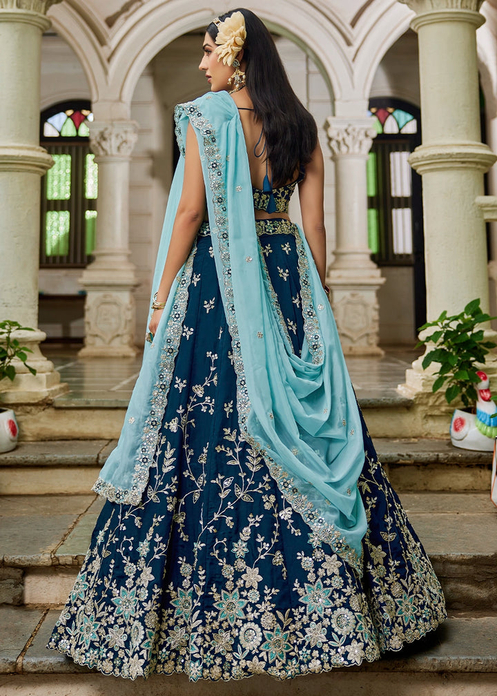 Imperial Blue Lehenga Choli in Organza with Floral & Sequin Embroidery