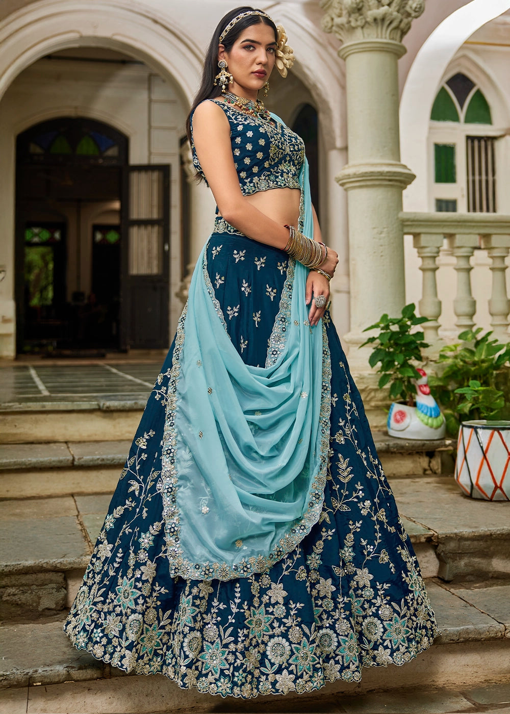 Imperial Blue Lehenga Choli in Organza with Floral & Sequin Embroidery