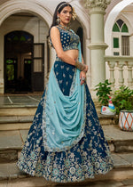 Imperial Blue Lehenga Choli in Organza with Floral & Sequin Embroidery