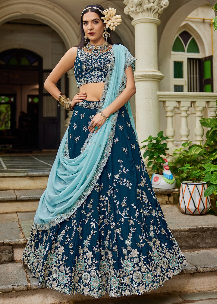 Imperial Blue Lehenga Choli in Organza with Floral & Sequin Embroidery
