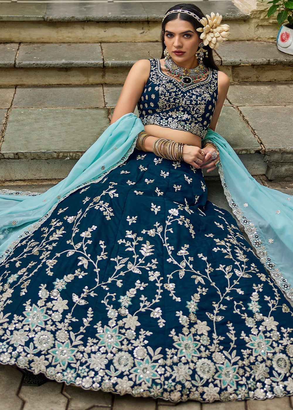 Imperial Blue Lehenga Choli in Organza with Floral & Sequin Embroidery