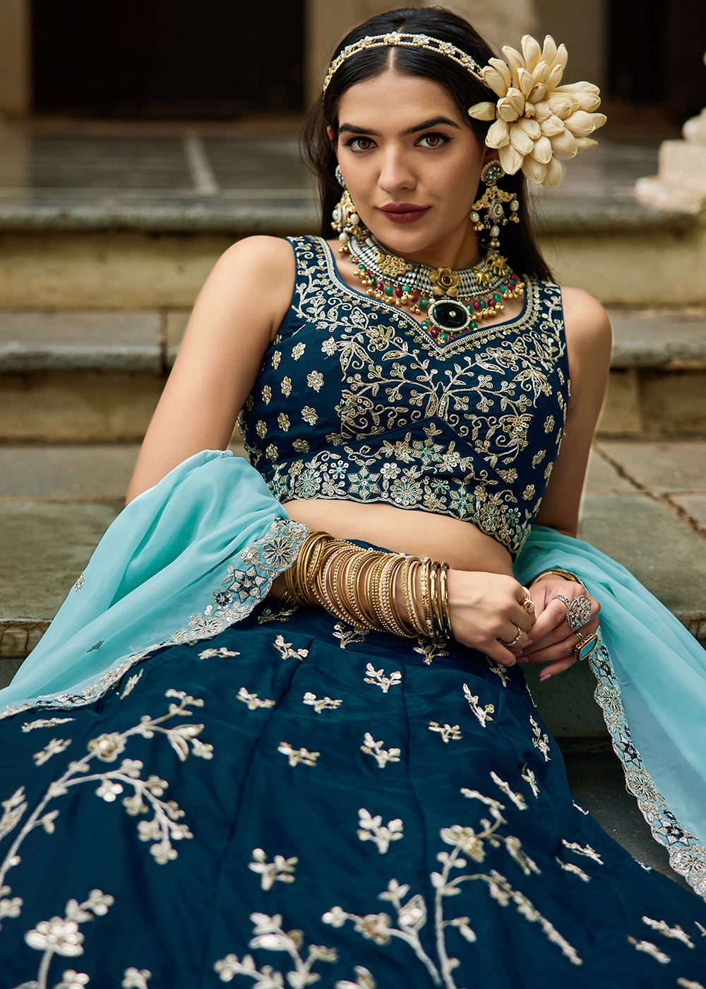 Imperial Blue Lehenga Choli in Organza with Floral & Sequin Embroidery