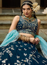 Imperial Blue Lehenga Choli in Organza with Floral & Sequin Embroidery