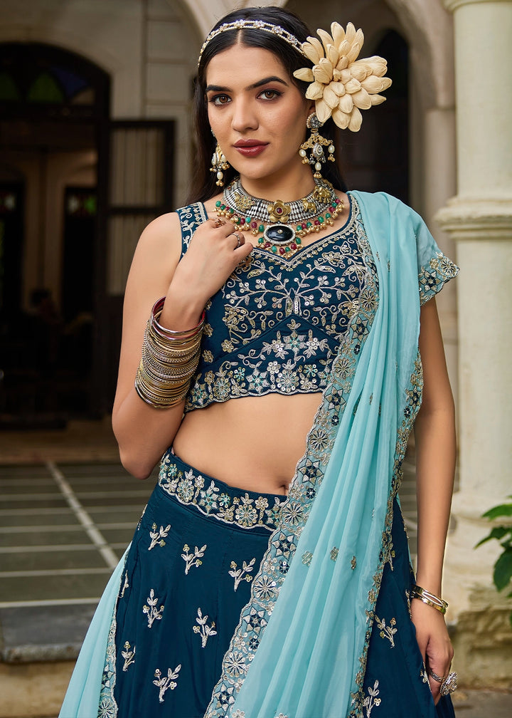 Imperial Blue Lehenga Choli in Organza with Floral & Sequin Embroidery
