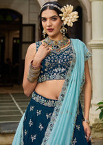 Imperial Blue Lehenga Choli in Organza with Floral & Sequin Embroidery