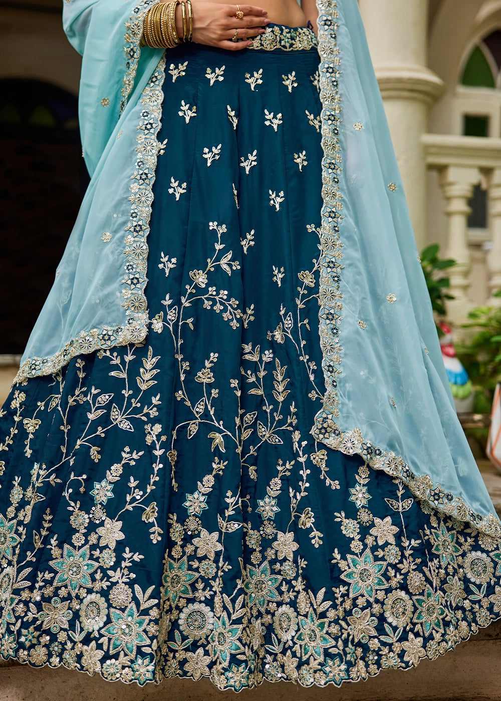 Imperial Blue Lehenga Choli in Organza with Floral & Sequin Embroidery