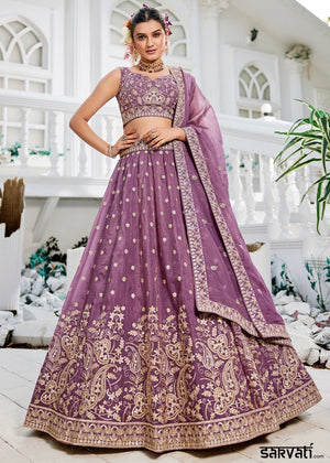 Deep Lilac Purple Lehenga Choli in Tissue with Floral & Sequin Embroidery