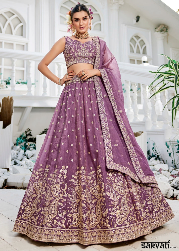 Deep Lilac Purple Lehenga Choli in Tissue with Floral & Sequin Embroidery
