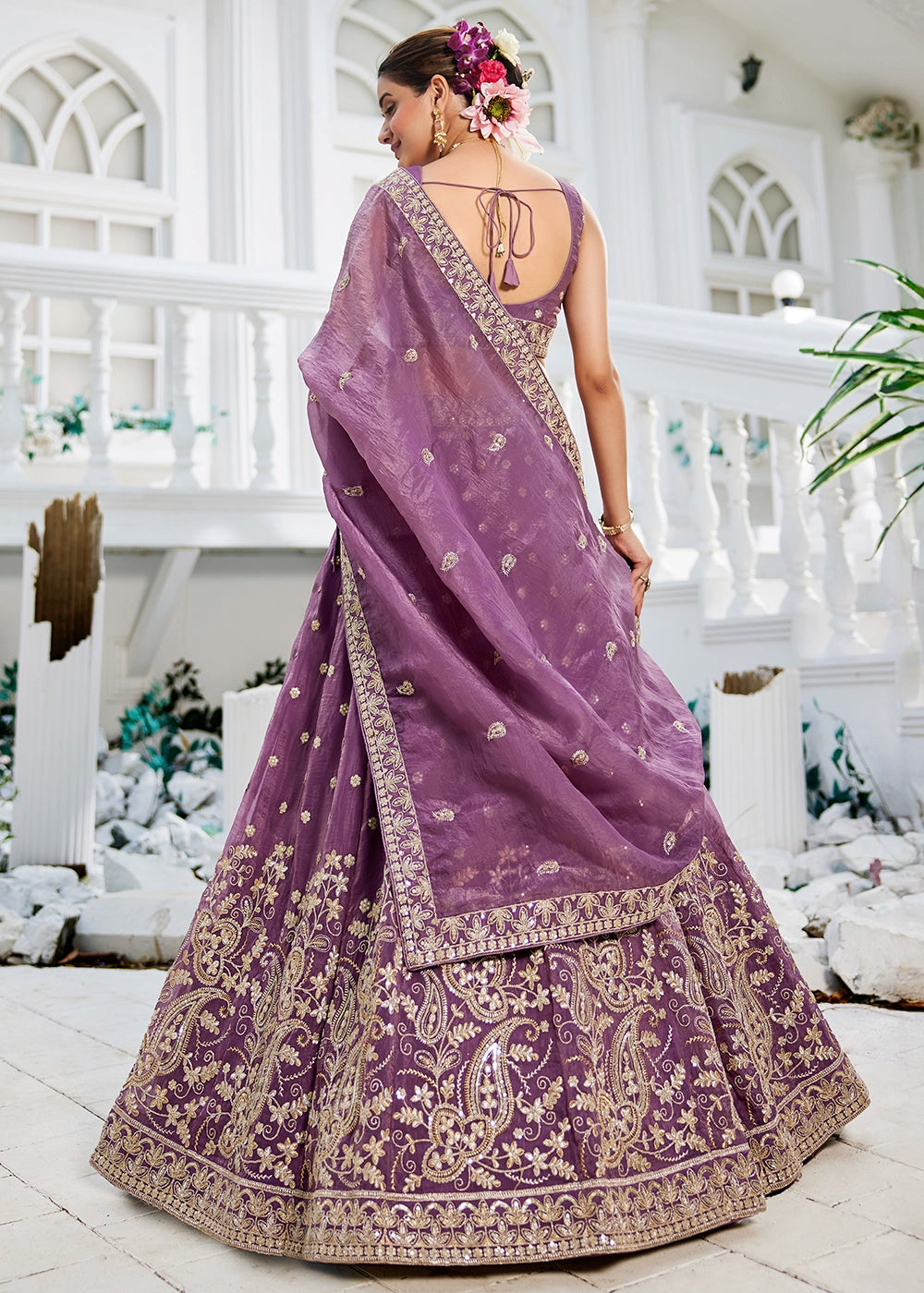 Deep Lilac Purple Lehenga Choli in Tissue with Floral & Sequin Embroidery