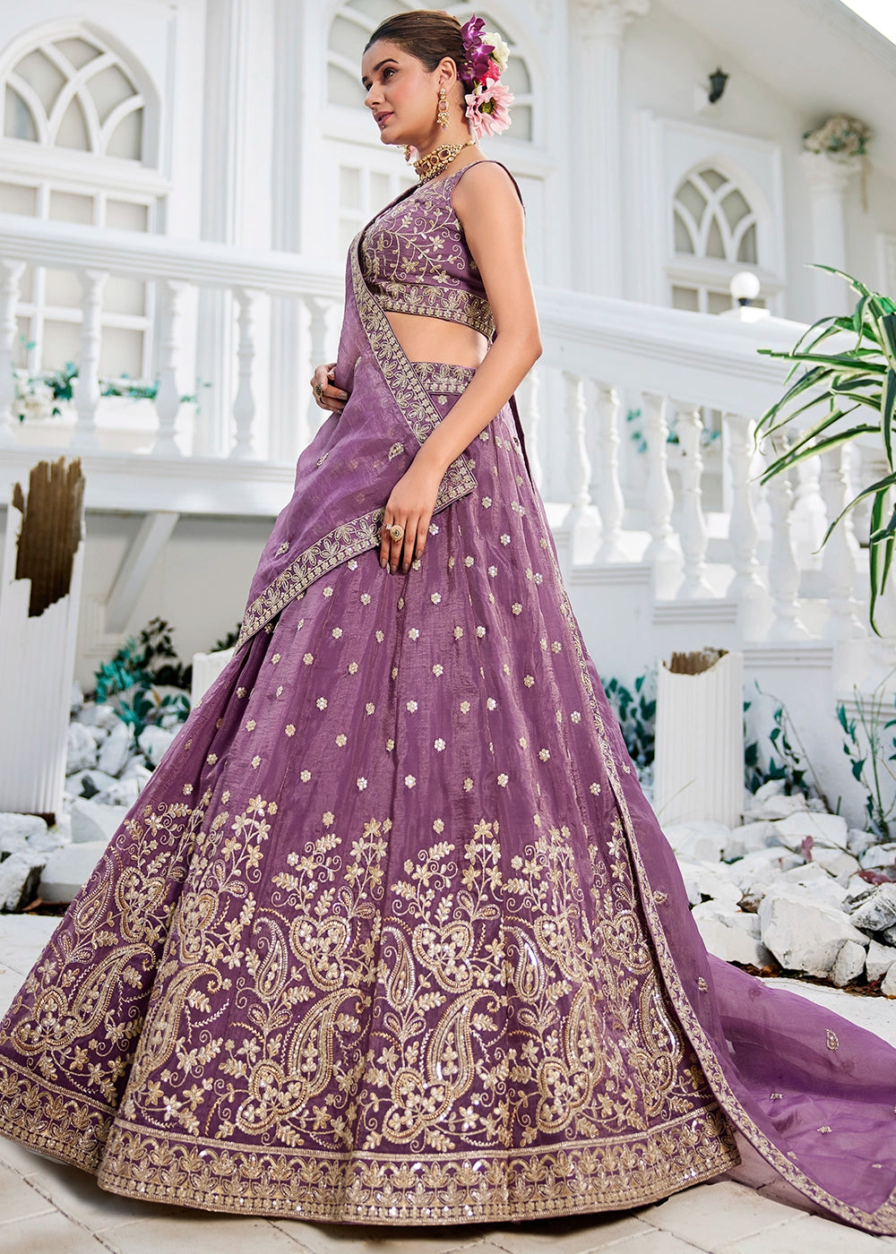 Deep Lilac Purple Lehenga Choli in Tissue with Floral & Sequin Embroidery