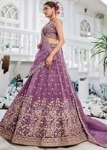 Deep Lilac Purple Lehenga Choli in Tissue with Floral & Sequin Embroidery