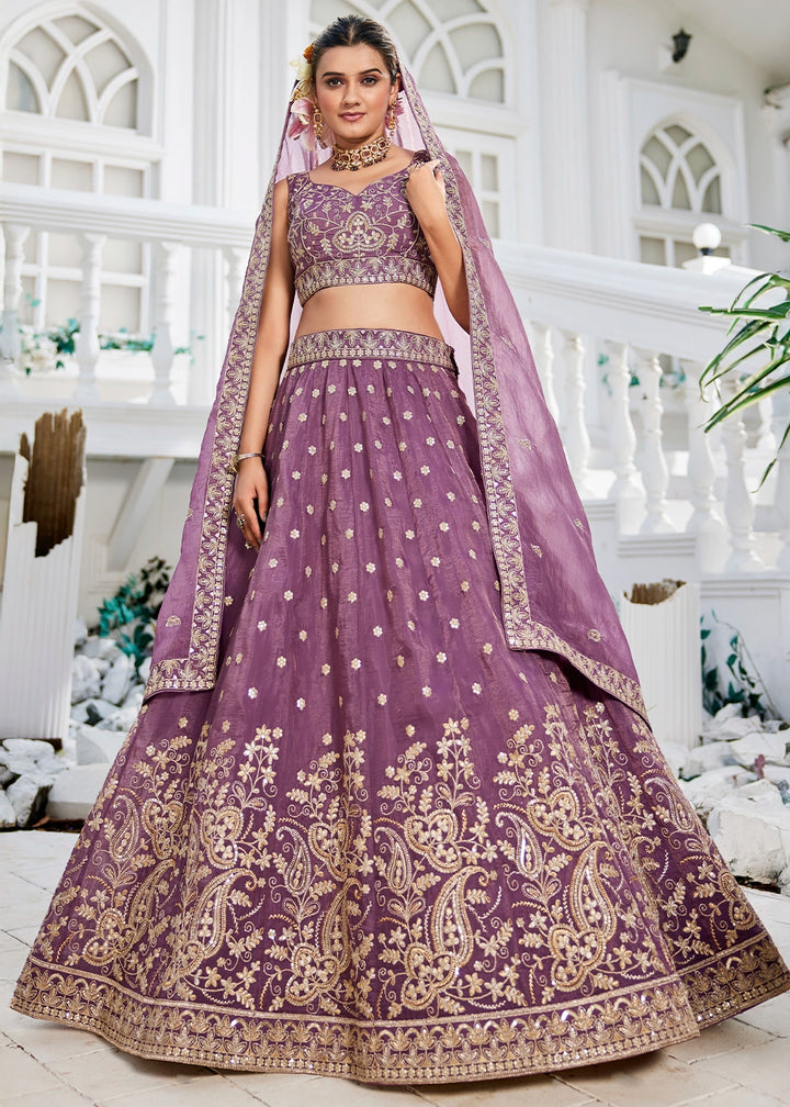 Deep Lilac Purple Lehenga Choli in Tissue with Floral & Sequin Embroidery