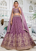 Deep Lilac Purple Lehenga Choli in Tissue with Floral & Sequin Embroidery