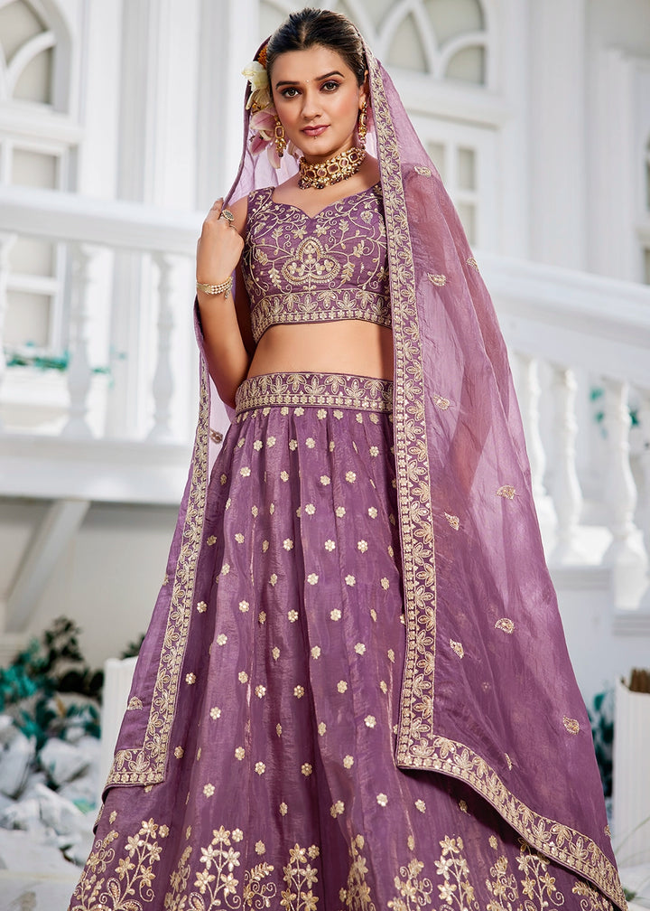 Deep Lilac Purple Lehenga Choli in Tissue with Floral & Sequin Embroidery