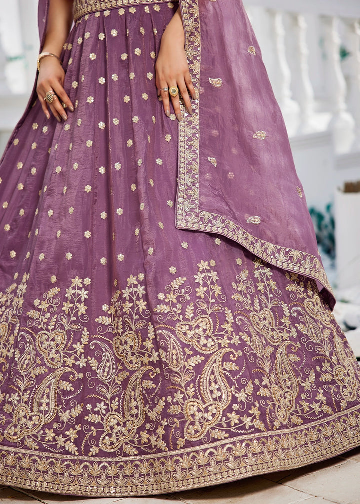 Deep Lilac Purple Lehenga Choli in Tissue with Floral & Sequin Embroidery