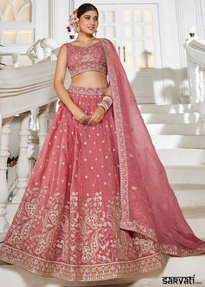 Punch Pink Lehenga Choli in Tissue with Floral & Sequin Embroidery