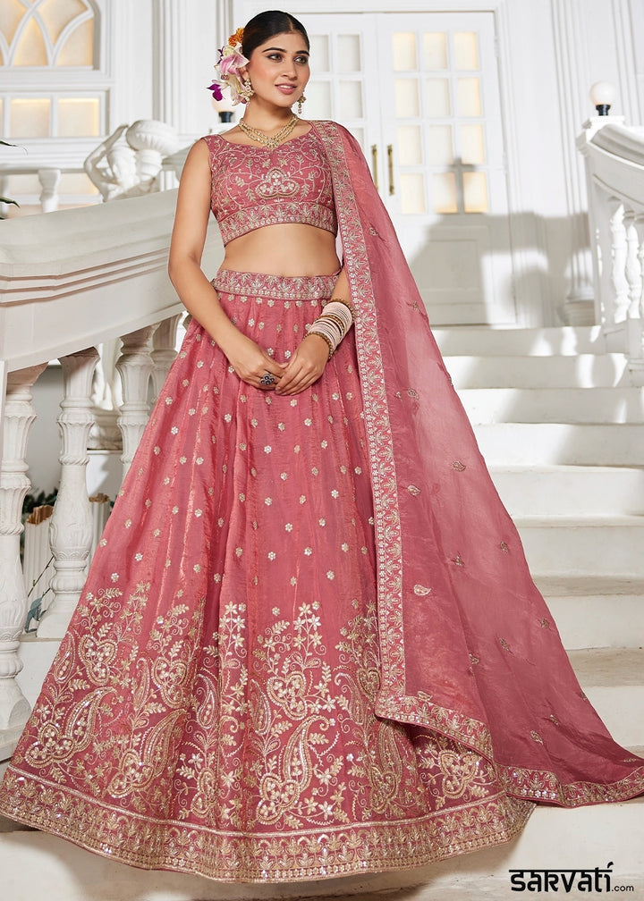 Punch Pink Lehenga Choli in Tissue with Floral & Sequin Embroidery