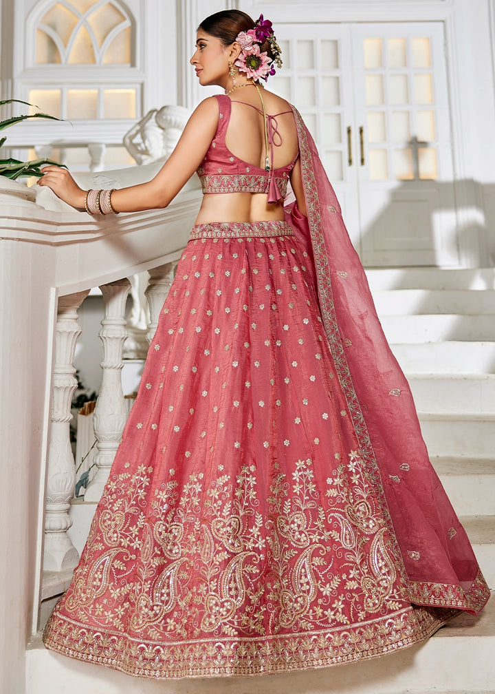 Punch Pink Lehenga Choli in Tissue with Floral & Sequin Embroidery