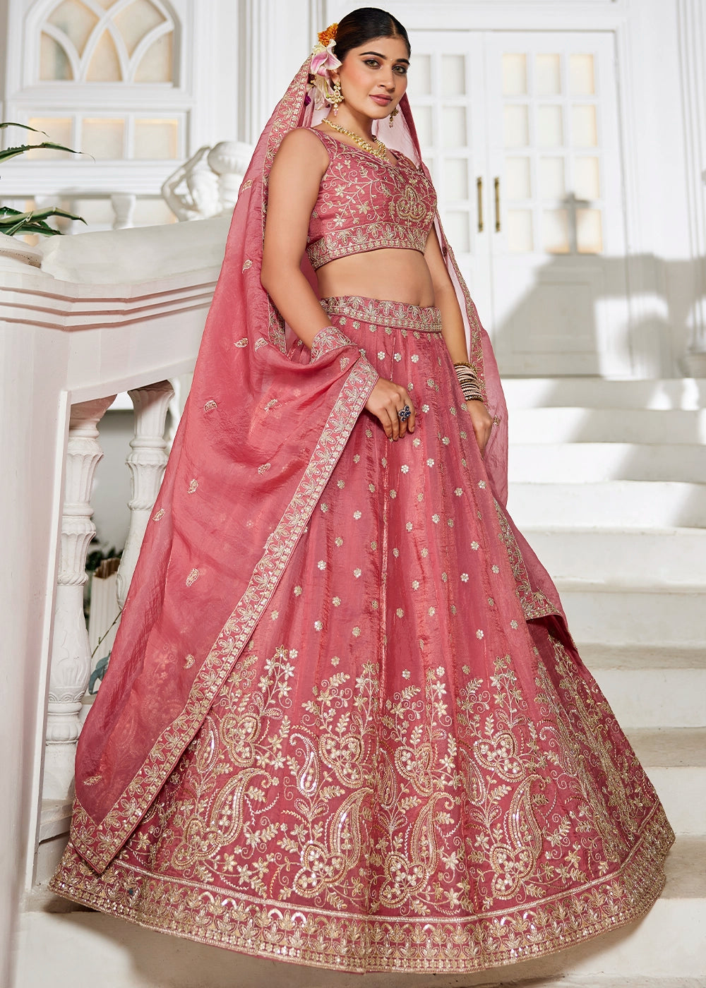 Punch Pink Lehenga Choli in Tissue with Floral & Sequin Embroidery
