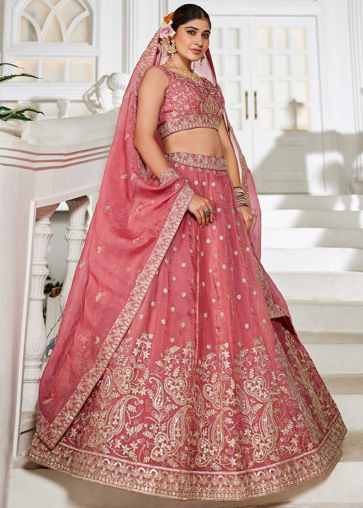 Punch Pink Lehenga Choli in Tissue with Floral & Sequin Embroidery