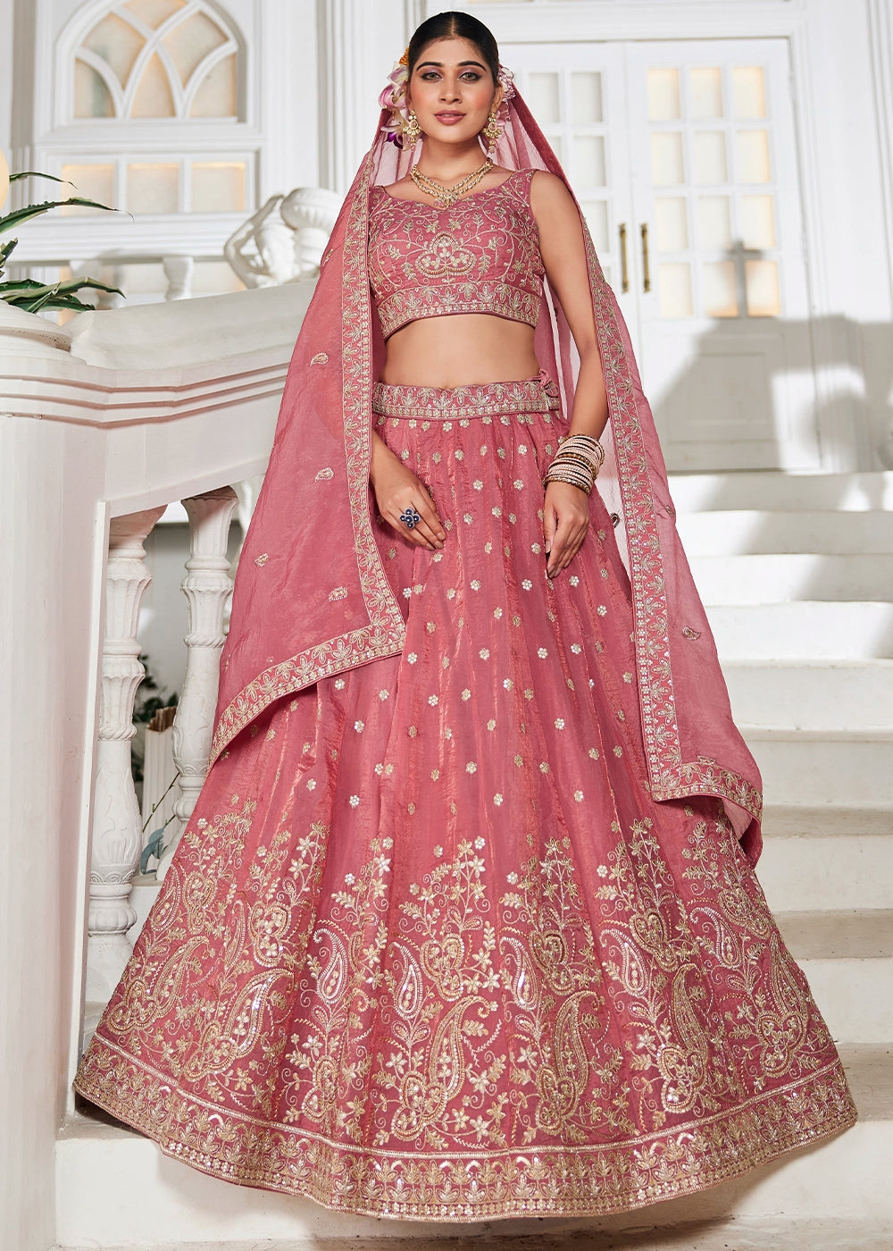 Punch Pink Lehenga Choli in Tissue with Floral & Sequin Embroidery