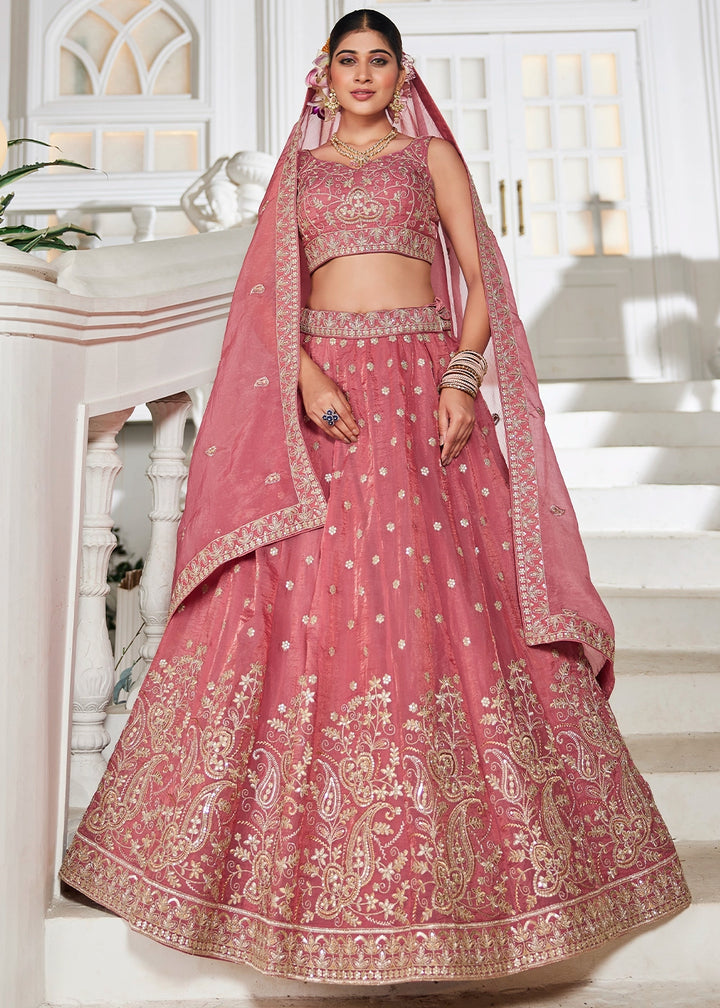 Punch Pink Lehenga Choli in Tissue with Floral & Sequin Embroidery