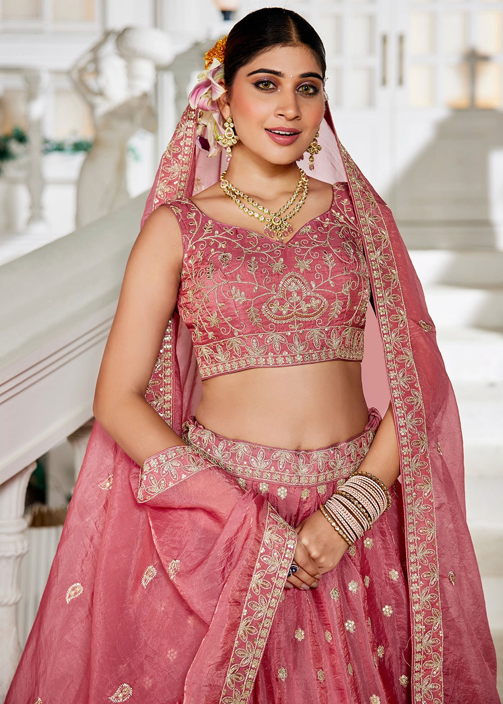 Punch Pink Lehenga Choli in Tissue with Floral & Sequin Embroidery