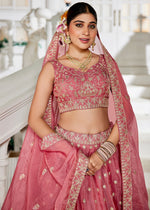 Punch Pink Lehenga Choli in Tissue with Floral & Sequin Embroidery