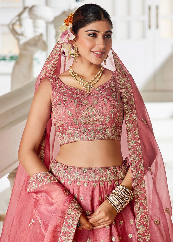 Punch Pink Lehenga Choli in Tissue with Floral & Sequin Embroidery
