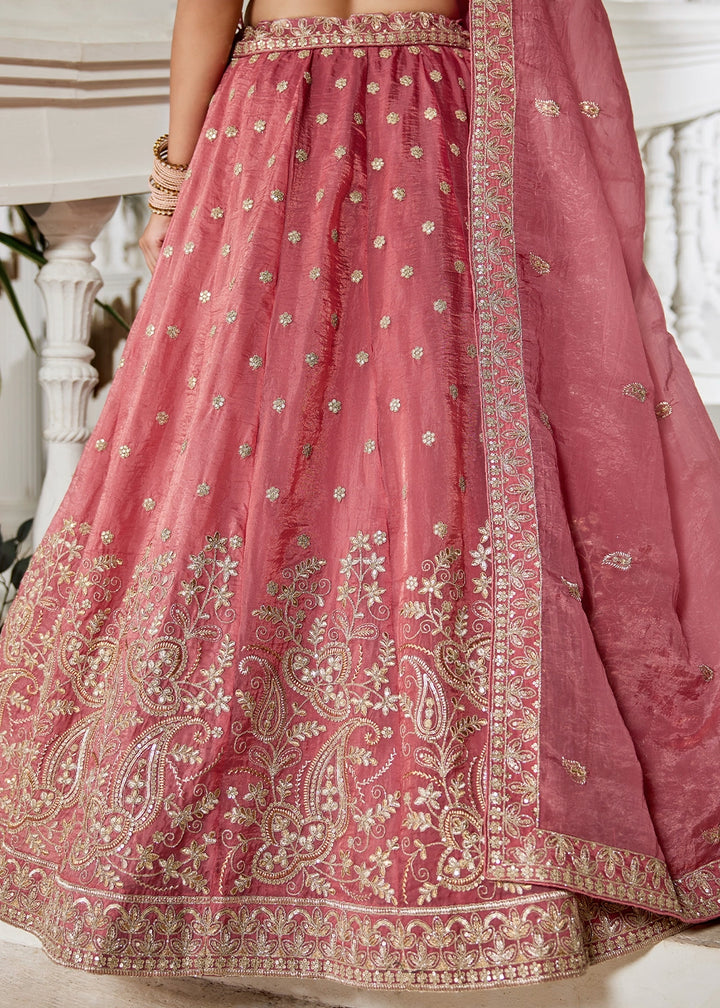 Punch Pink Lehenga Choli in Tissue with Floral & Sequin Embroidery