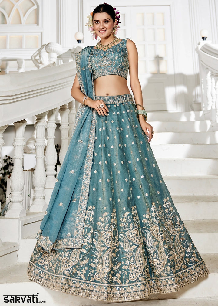 Koi Blue Lehenga Choli in Tissue with Floral & Sequin Embroidery