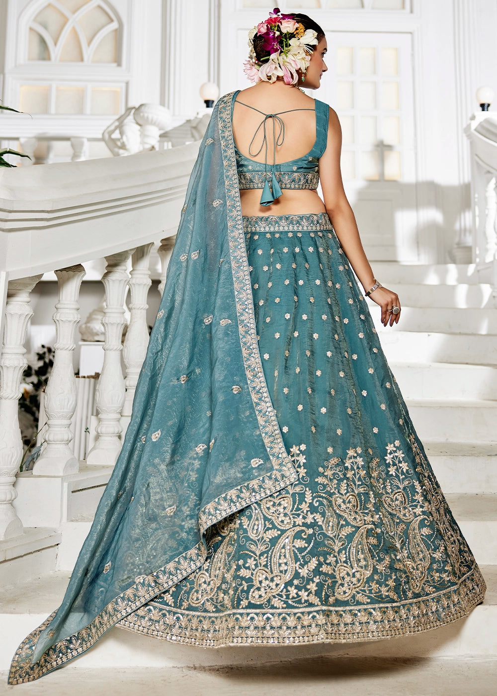Koi Blue Lehenga Choli in Tissue with Floral & Sequin Embroidery