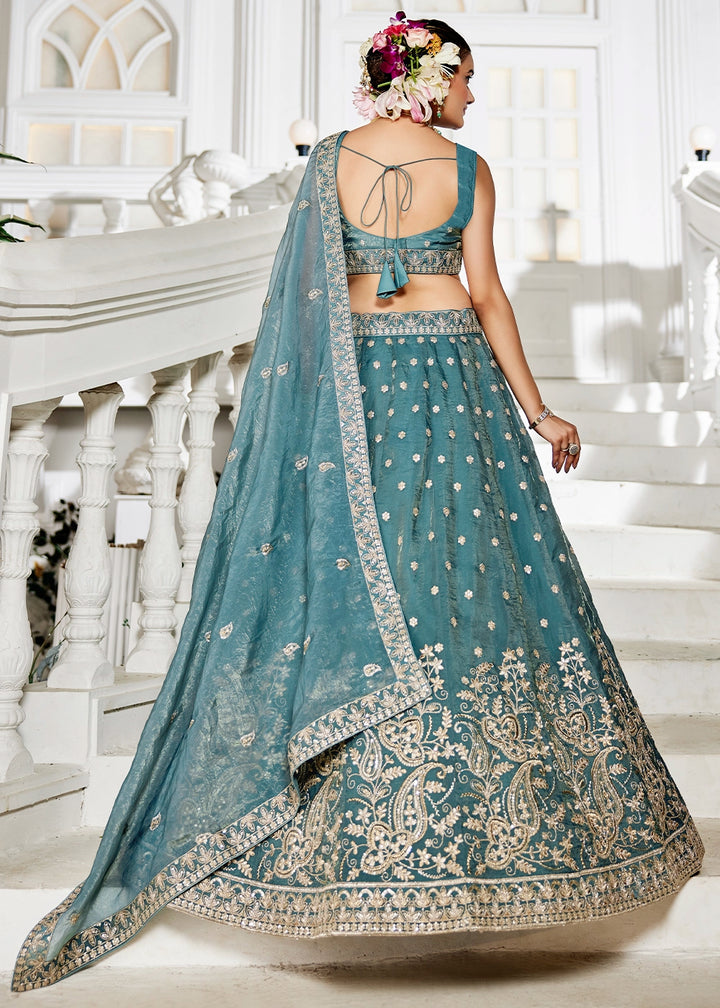Koi Blue Lehenga Choli in Tissue with Floral & Sequin Embroidery