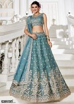 Koi Blue Lehenga Choli in Tissue with Floral & Sequin Embroidery
