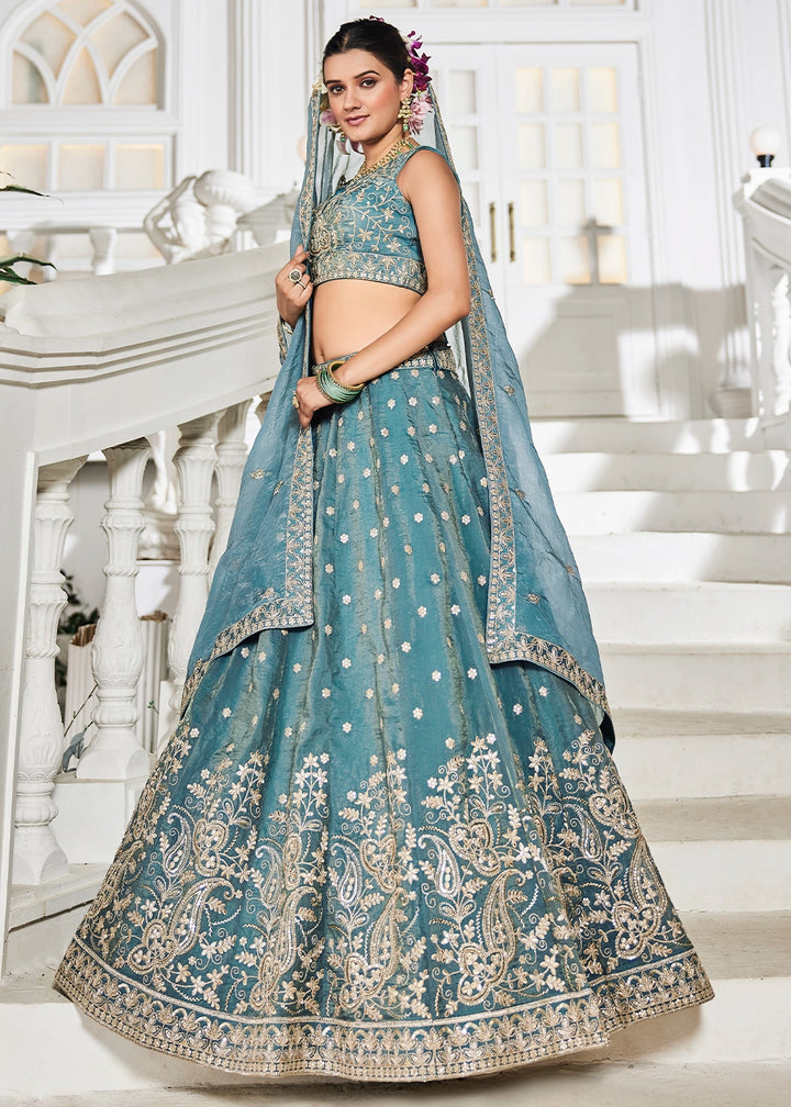 Koi Blue Lehenga Choli in Tissue with Floral & Sequin Embroidery