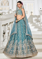Koi Blue Lehenga Choli in Tissue with Floral & Sequin Embroidery