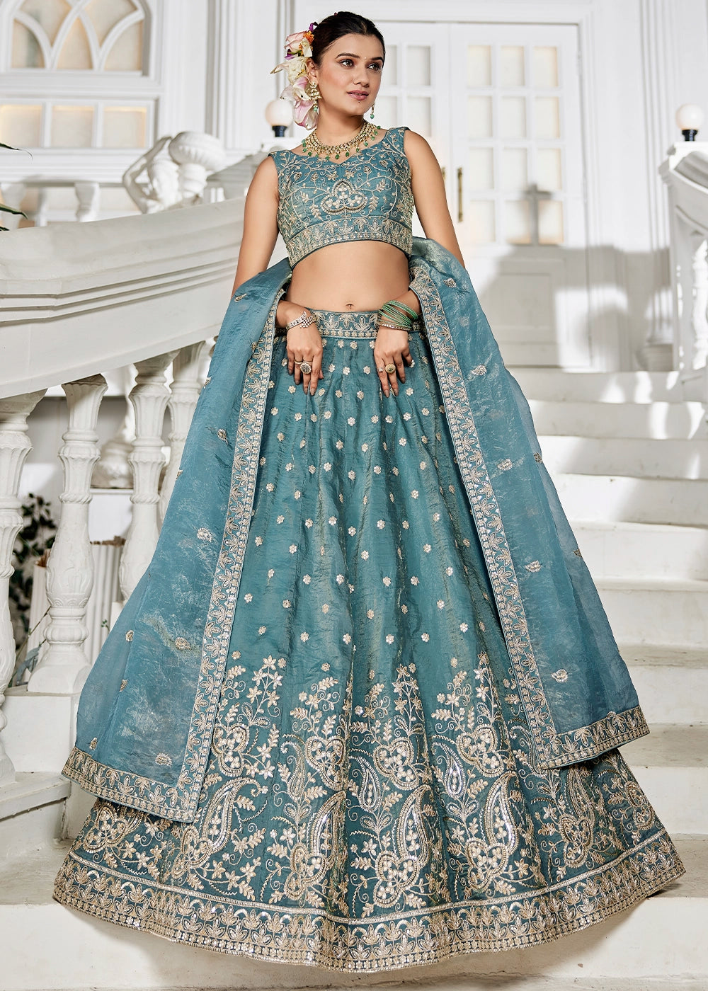 Koi Blue Lehenga Choli in Tissue with Floral & Sequin Embroidery
