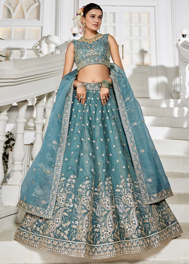 Koi Blue Lehenga Choli in Tissue with Floral & Sequin Embroidery