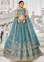 Koi Blue Lehenga Choli in Tissue with Floral & Sequin Embroidery