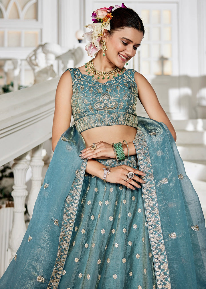 Koi Blue Lehenga Choli in Tissue with Floral & Sequin Embroidery