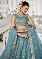 Koi Blue Lehenga Choli in Tissue with Floral & Sequin Embroidery
