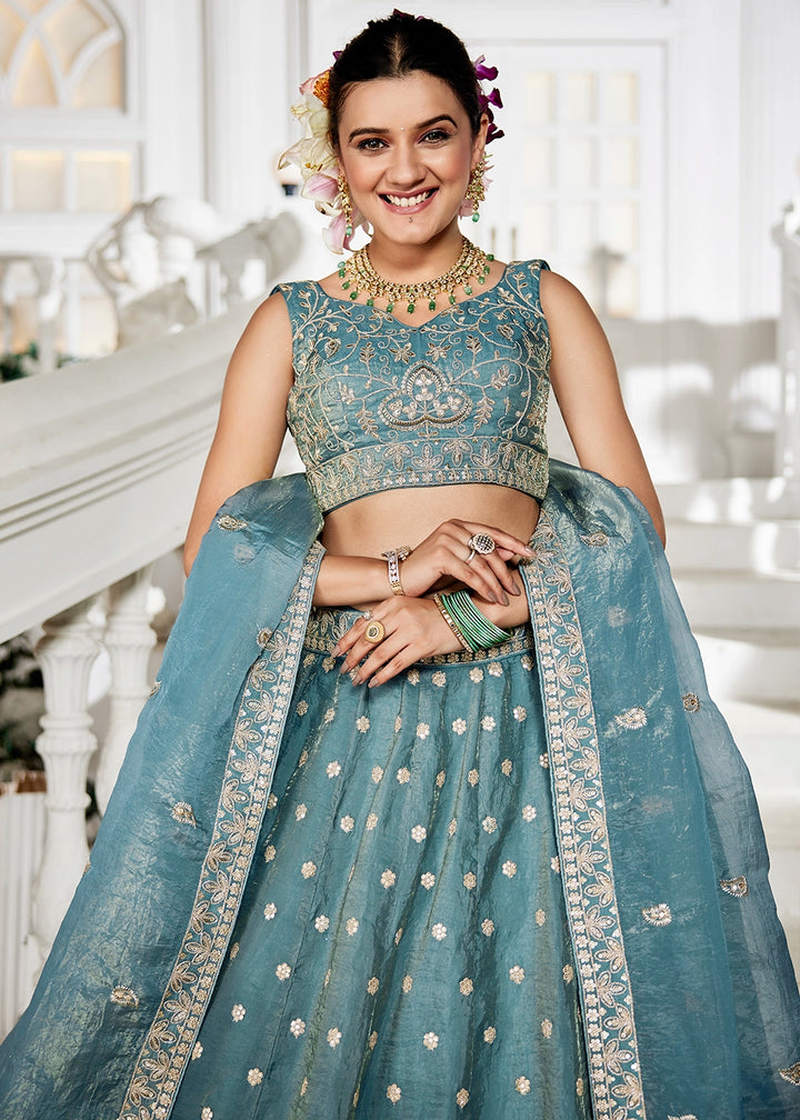 Koi Blue Lehenga Choli in Tissue with Floral & Sequin Embroidery
