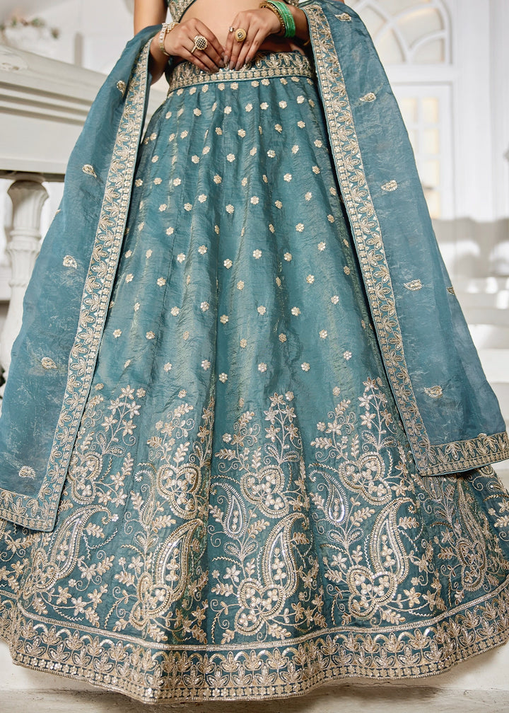 Koi Blue Lehenga Choli in Tissue with Floral & Sequin Embroidery