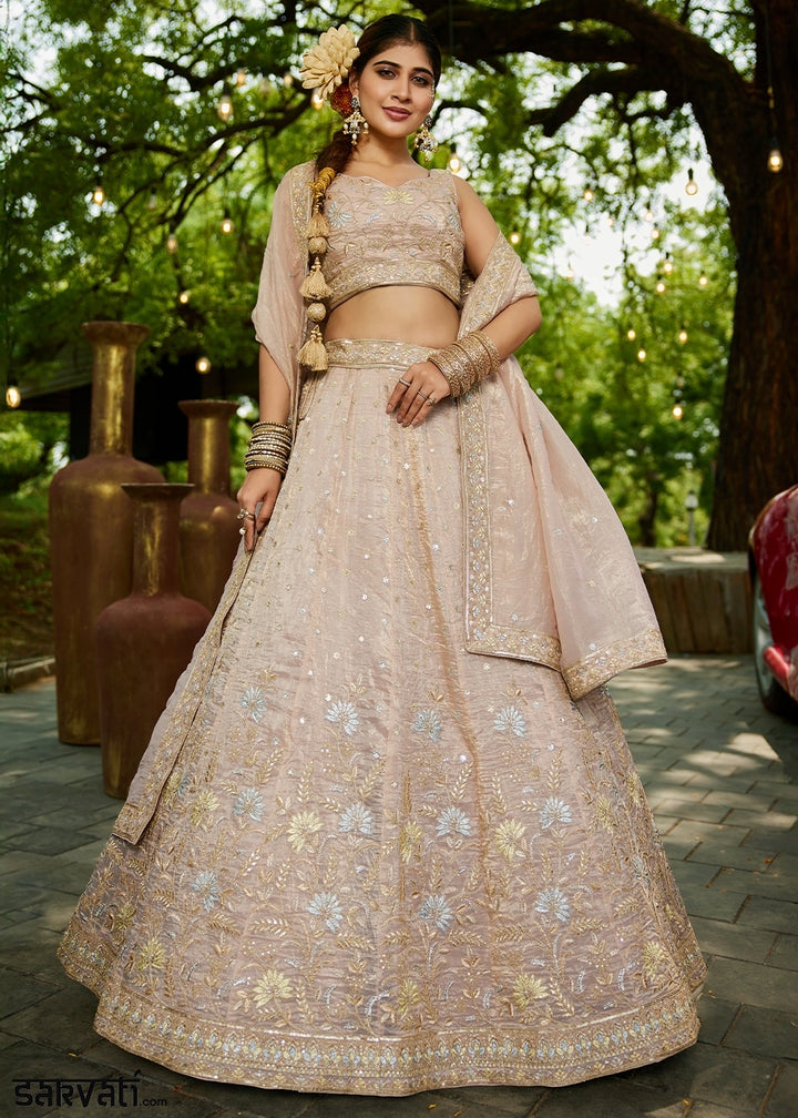 Nude Brown Lehenga Choli in Tissue with Floral & Sequin Embroidery